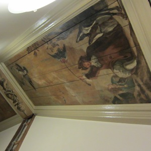 17th century depiction of Louys Trip on a falcon hunt on a stairwell ceiling