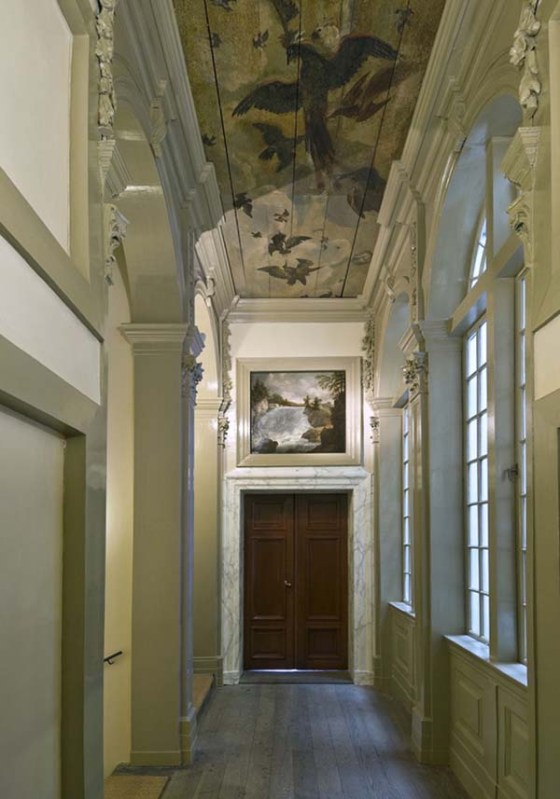 Fine 17th century proportions complemented by ceiling paintings and Swedish landscape over door by Allaert van Everdingen