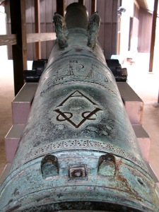 Caron established a canon foundry in Japan; this 17th c. canon with the VOC logo is in the Nagasaki Dejima Museum