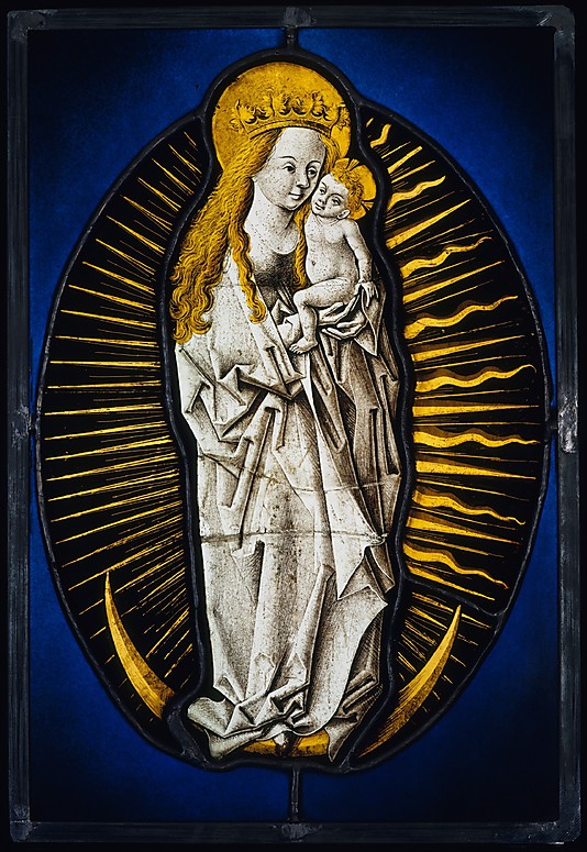 Virgin of the Apocalpyse, colorless glass, silver stain, and vitreous paint, 13 7/8 x 9 5/8in. (35.2 x 24.4cm). The blue glass is modern. Metropolitan Museum, The Cloisters