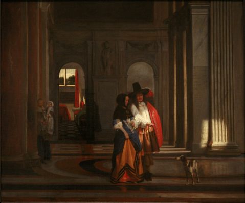 An impression of a gallery in the Town Hall by Pieter de Hoogh, Musée des Beaux-Arts de Strasbourg. Note the muted wall finishes (as opposed to today's white marble) and the doors opening to a lit stairwell (r.) and one of the council chambers (l.)