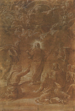 Modello for the Transfiguration of Christ, pen and brown ink with white highlights on paper primed with dark brown wash, 40 x 27 cm, Vienna, Albertina