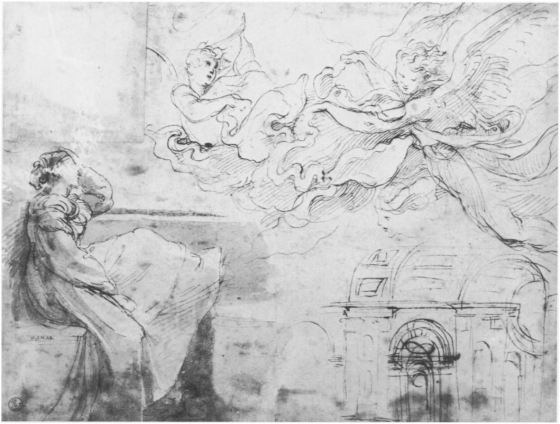 Raphael Santi, preparatory drawing for Moses and the Burning Bush, Uffizi (b/w image)