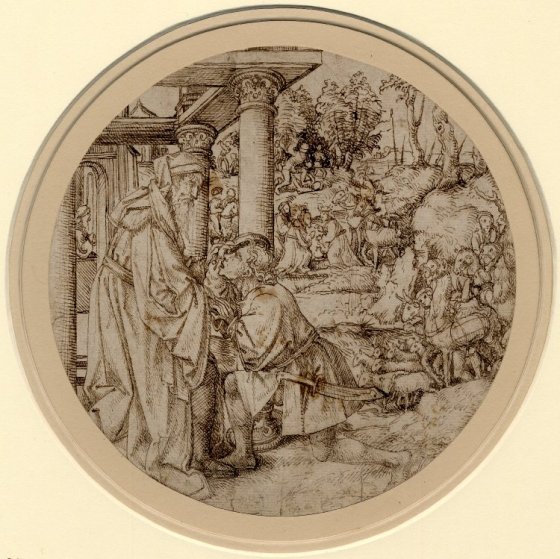 26. Design for a roundel,  A messenger kneeling and telling Abraham of the capture of Lot and the meeting of Abraham and Melchisedek,; with camels, horses and figures in the landscape beyond,  pen and brown ink,   1487-1533, 22.5 cm (circular) 