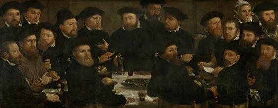 Dirck Barendsz, meal of 18 civic guards of the Kloveniers division F (the "poseters") 1566, oil on panel, 120×295, Rijksmuseum 