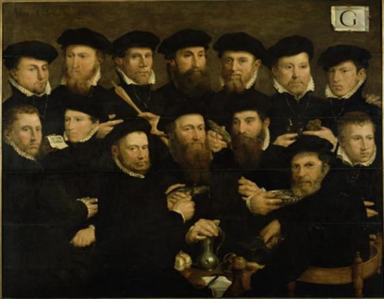 Dirck Barendsz, civic guards of division G of the Voetboogdoelen, 1562, oil on panel, 142x182 cm, dated top left: Anno a Christo nato 1562, inscription on the note: In Vino Veritas 
