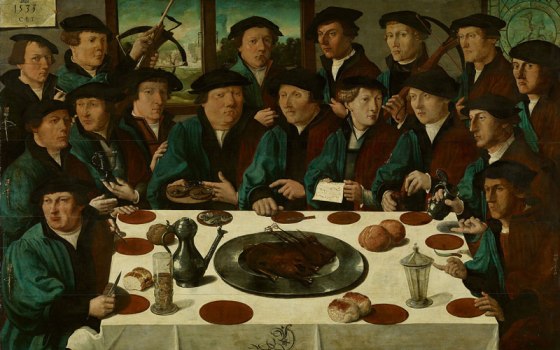 Cornelis Anthonis, the "Braspenning meal" (meal of a division of the Voetboog guild), signed and ated 1533, oil on panel, 130x206.5 cm, Amsterdam Museum