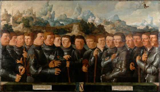 Seventeen civic guards of Division (Rot) A of the Kloveniers, 1531 attributed to Cornelis Anthonisz (?), oil on panel, 115x195 cm, Amsterdam Museum