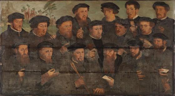 Badly abraided and overpainted 16th century civic guards portrait, painter unknown, Schutters van een Rot voetboogschutters , oil on panel, 112x204 cm, Amsterdam Museum