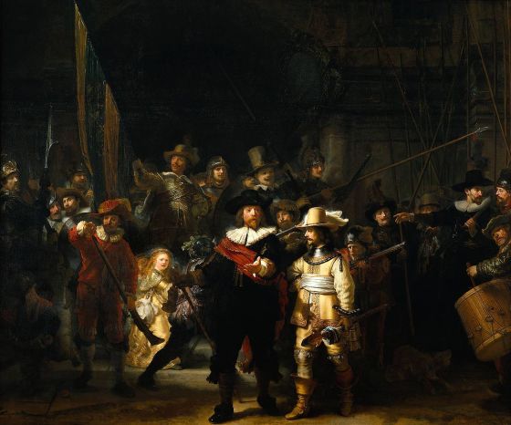Rembrandt, "Night Watch", 1642, oil on canvas, today measuring 379.5x453.5 m, Rijksmuseum