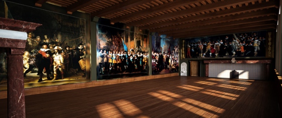 A reconstruction of the Great Hall of the Kloveniersdoelen c. 1642. From left to right: Rembrandt's Company of District II, Nicolaes Eliasz Pickenoy's Company of District IV, Jacob Backer's Company of District V, all dated 1642 and above the mantlepiece and door Bartholomeus van der Helst's Company of District VIII, 1643. Rijksmuseum 