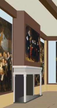 Reconstruction with Sandrart's painting (l), Flinck's Governors (c) and Flinck's civic guards (r)