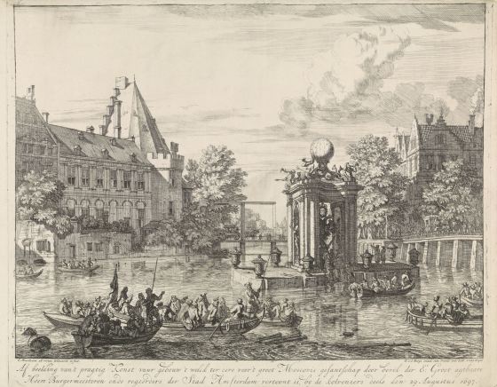Isaac de Moucheron, Fireworks festivities for the reception of the Russian embassadors with Peter the Great, 29 Augustus 1697. Engraving by Isaac de Mouceron, Rijksmuseum. The Kloveniers' new extension is on tehe left with the old tower "Swijgh Utrecht" on its right. The Great Hall was on the first floor overlooking the river