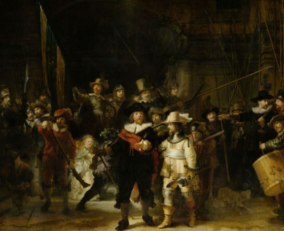 Rembrandt, the Company of District II under Captain Frans Banninck Cocq, 1642, size today 379.5x453.5 cm, Rijksmuseum