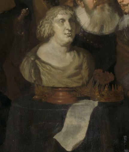 Detail of Joachim von Sandrart's painting: the bust of Marie de' Medici with a crown lying beside and the slip of paper once containing Vondel's poem