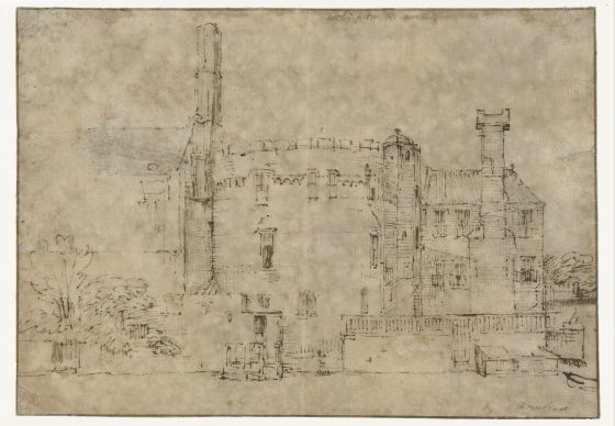 Rembrandt, the old part of the Kloveniers building with the tower "Swijgh Utrecht", drawing, c 1650-55, 166x235 mm, Rijksmuseum