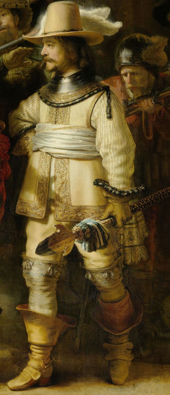 Captain Willem van Ruytenburch van Vlaerdingen, Lord of Purmerland (1600-1652), lawyer, wears spurs and gloves, typical attributes of a cavalryman. Gloves would only be worn on horseback, as soon as the men dismounted they would take them off